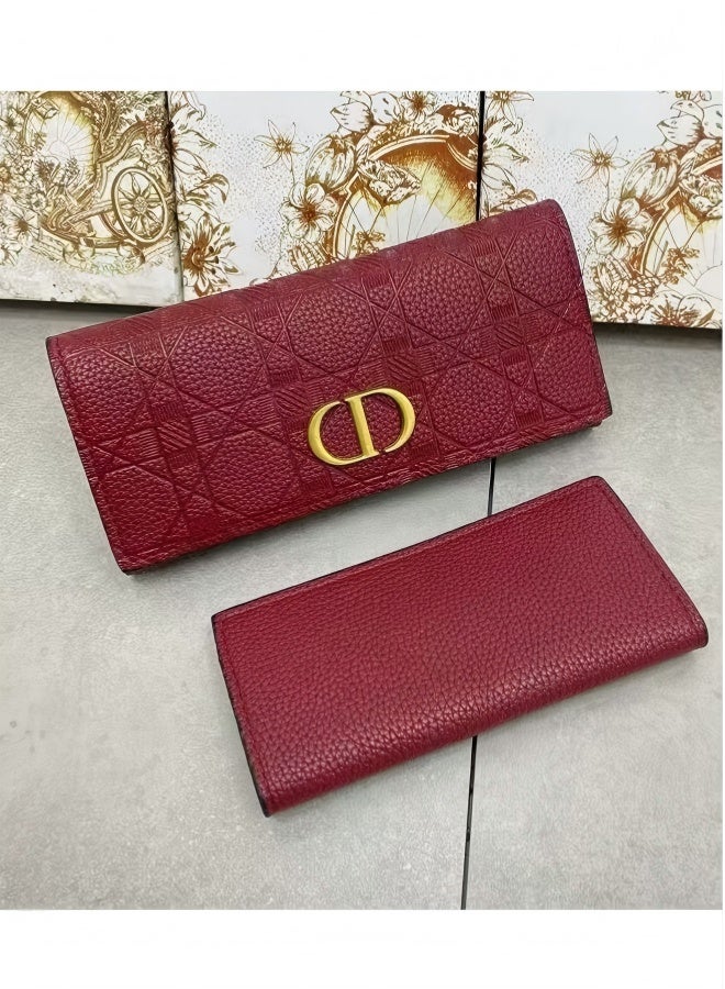 Diorra Women's Long Burgundy Quilted Flap Wallet with Metal Buckle, Leather Clutch - Image 1
